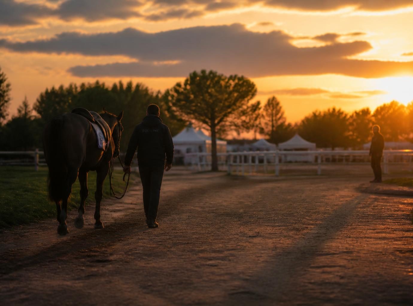 Chevaux dans une prairie en Normandie au coucher du soleil