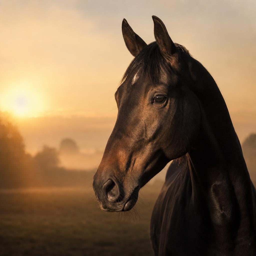 Portrait editorial d'un cheval bai au lever du soleil — Equirider Pro