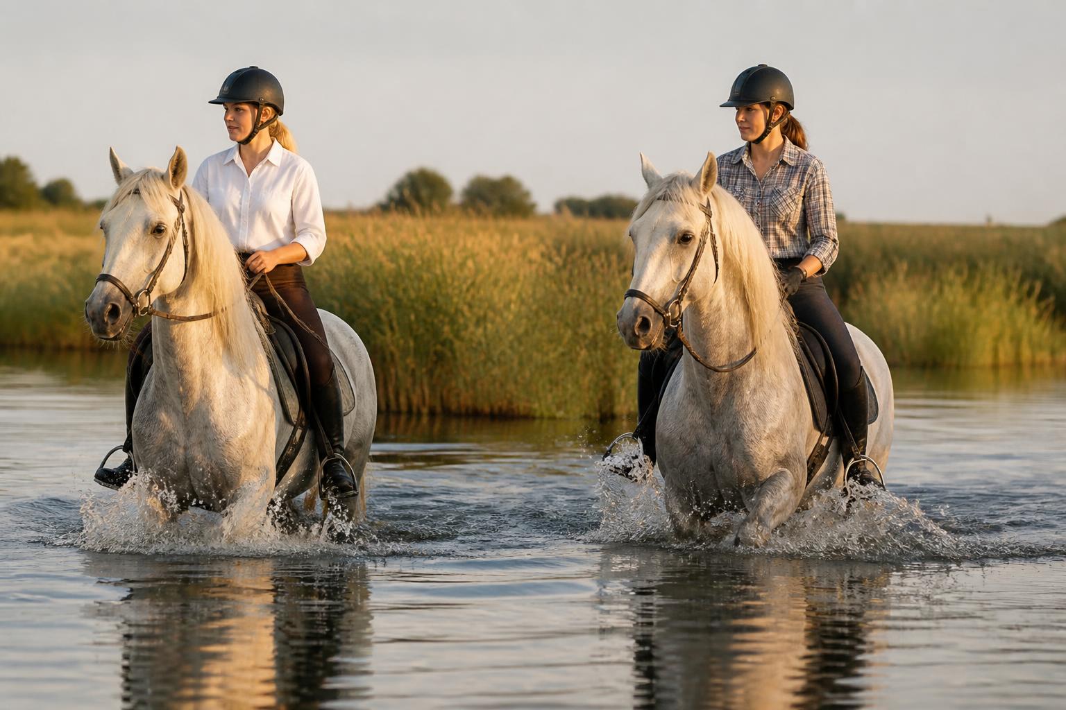 Deux cavalières en balade à cheval dans les marais de Camargue