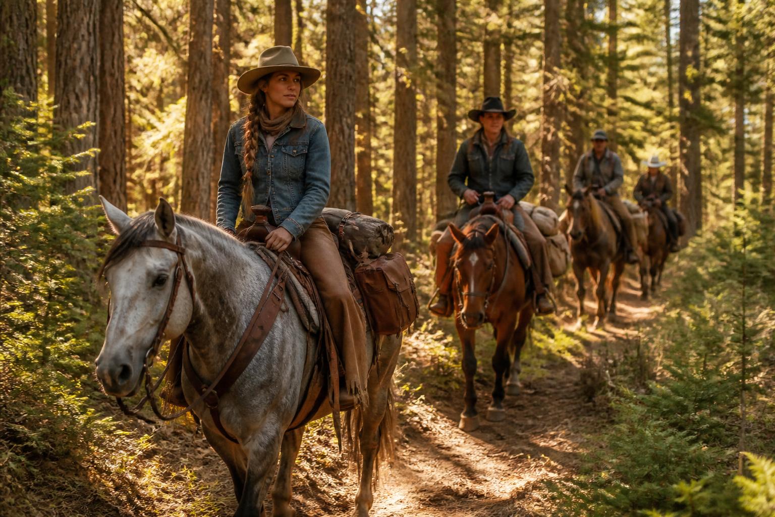 Groupe de cavaliers en randonnée équestre itinérante en forêt