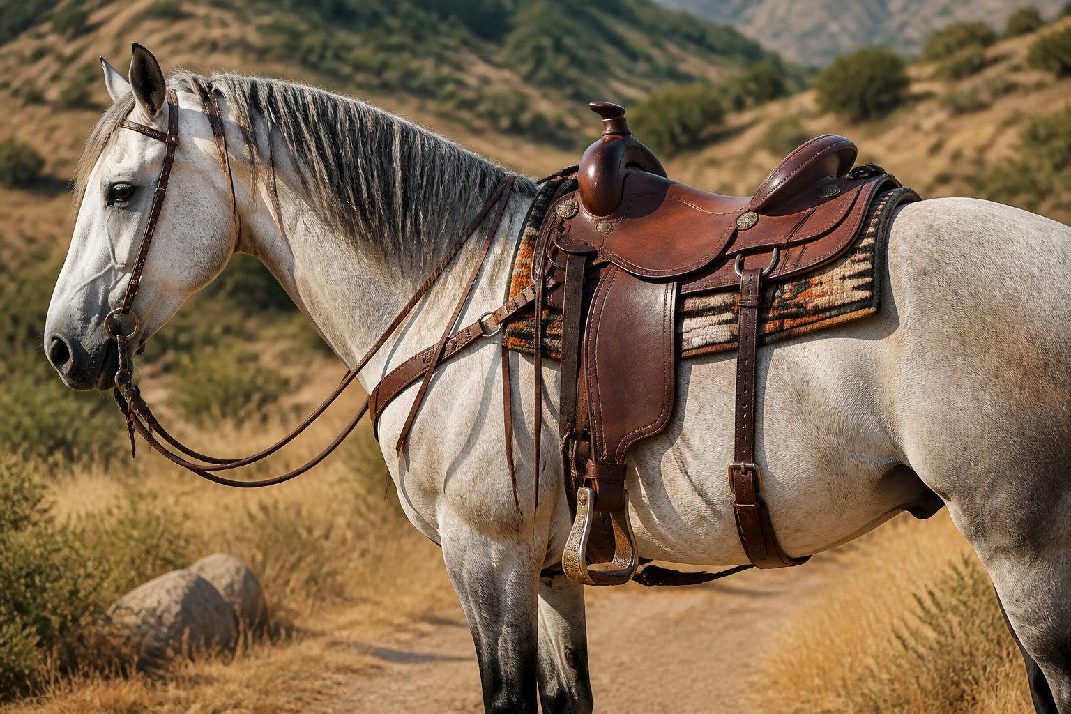 Selle de randonnée à assise profonde installée sur un cheval, sur un chemin de campagne