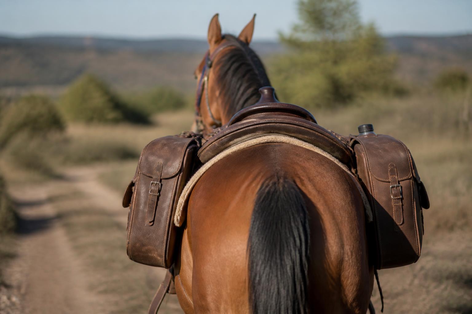 Paire de fontes en cuir de chaque côté de la selle sur un cheval de randonnée
