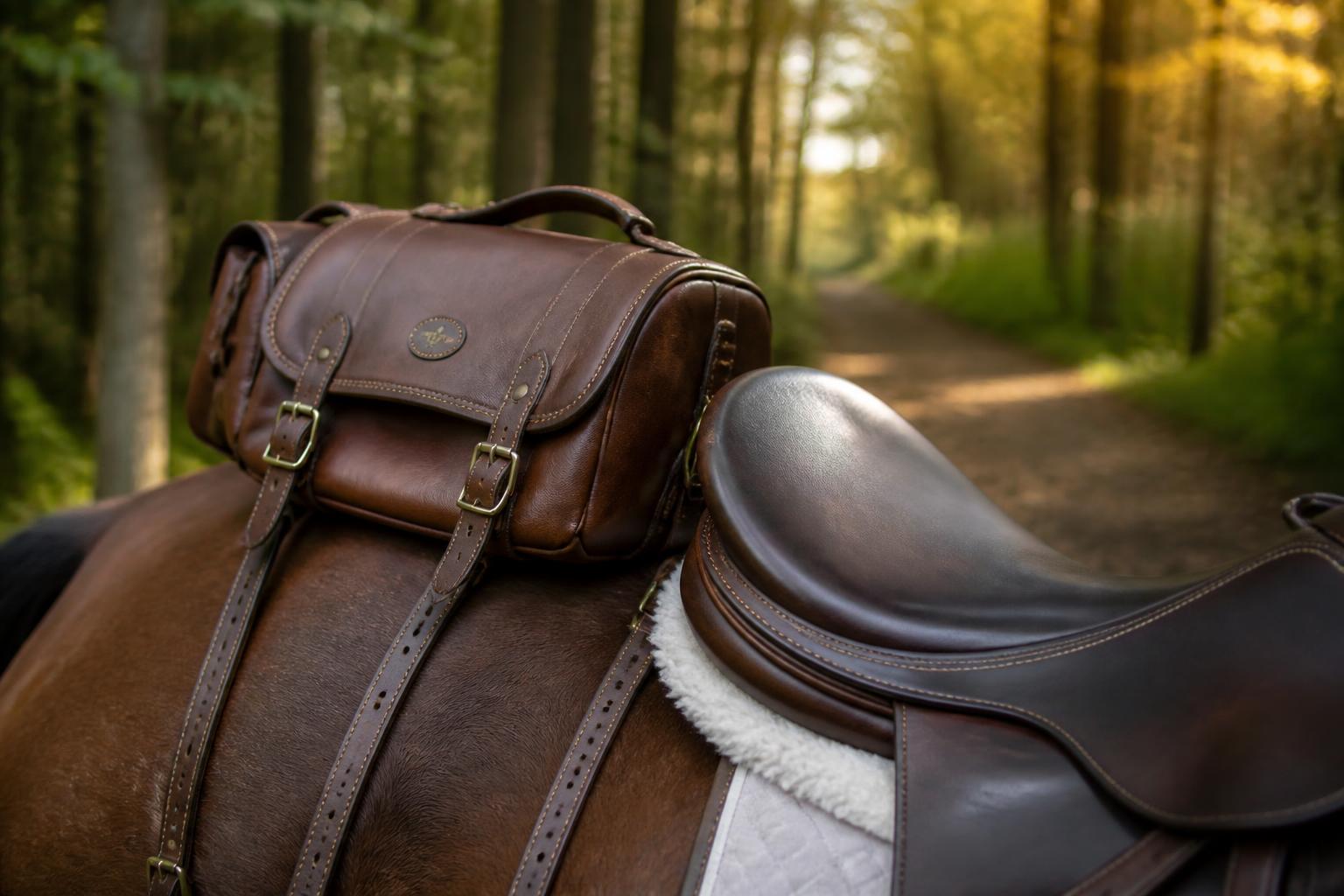 Sacoche de selle en cuir fixée derrière le troussequin sur un cheval en randonnée