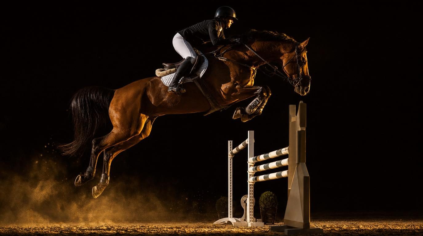 Cavalière franchissant un obstacle au crépuscule