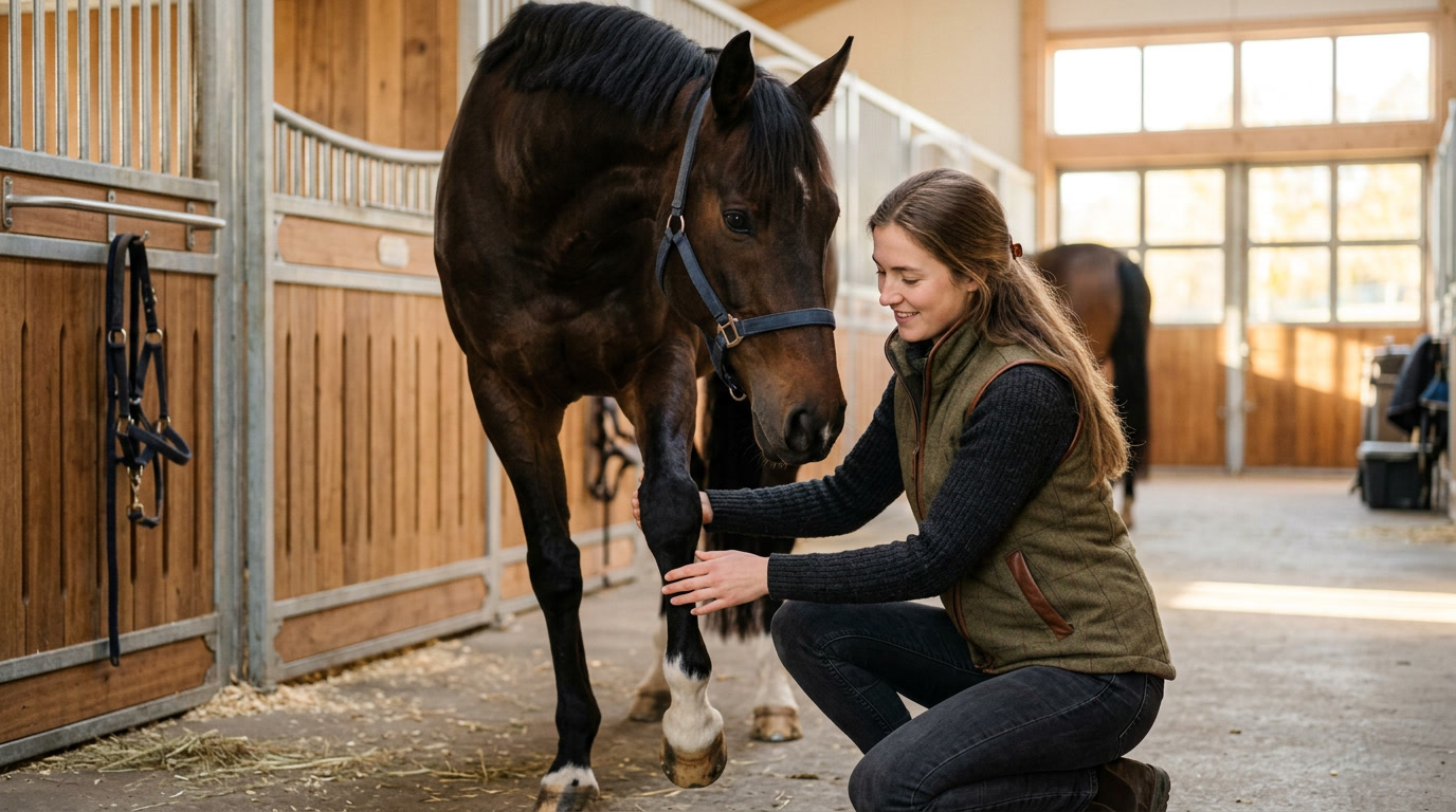 Cavaliere prenant soin de son cheval dans une ecurie lumineuse