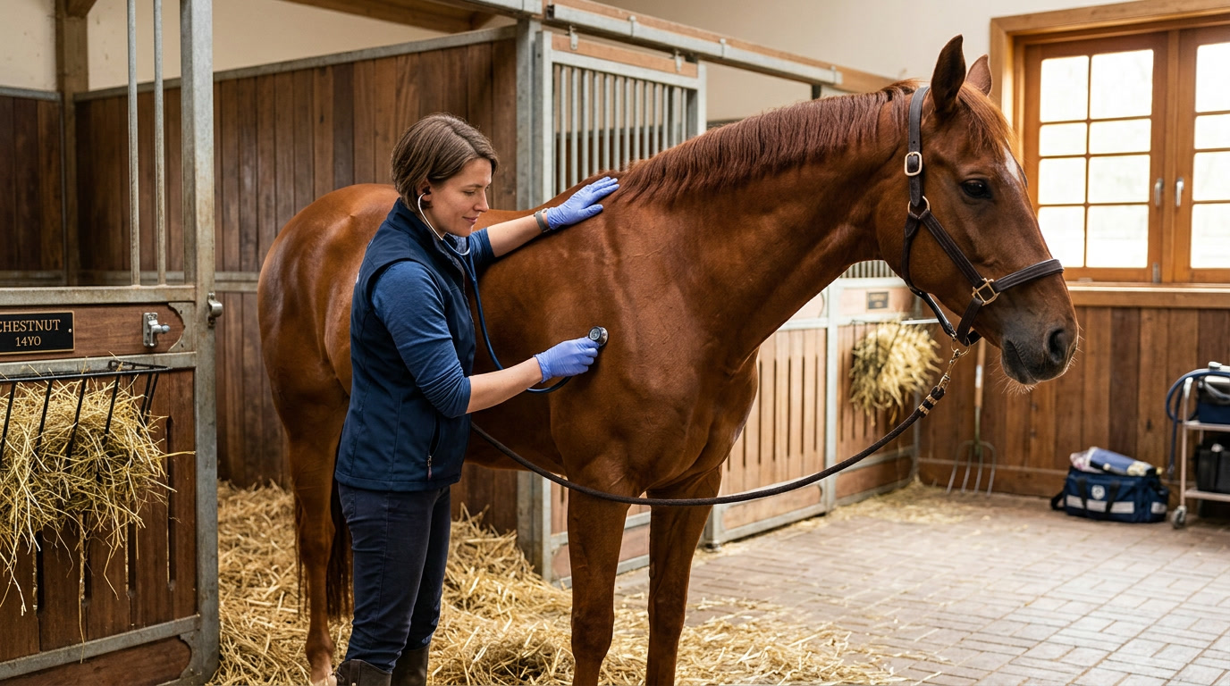 Vétérinaire équin examinant un cheval avec un stéthoscope