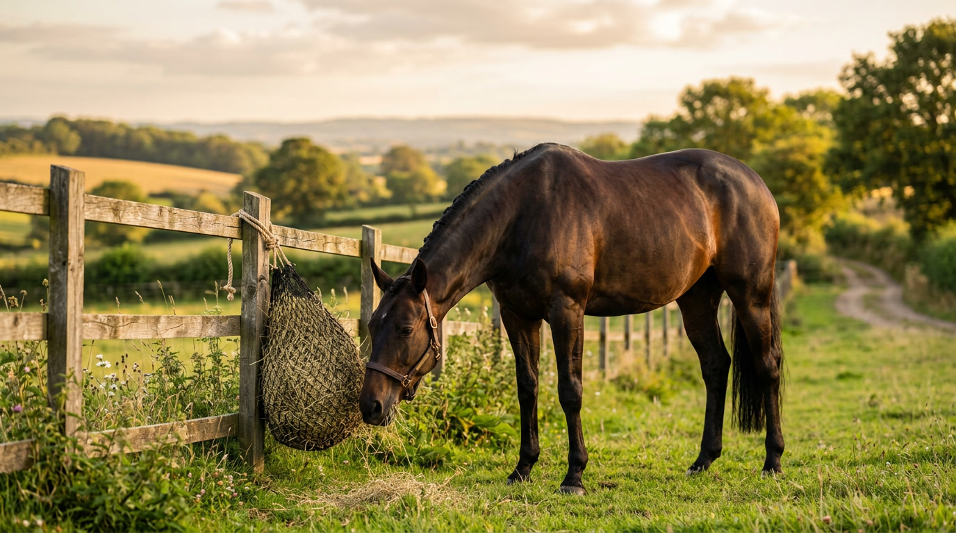 Cheval en bonne santé au pré, broutant du foin de qualité