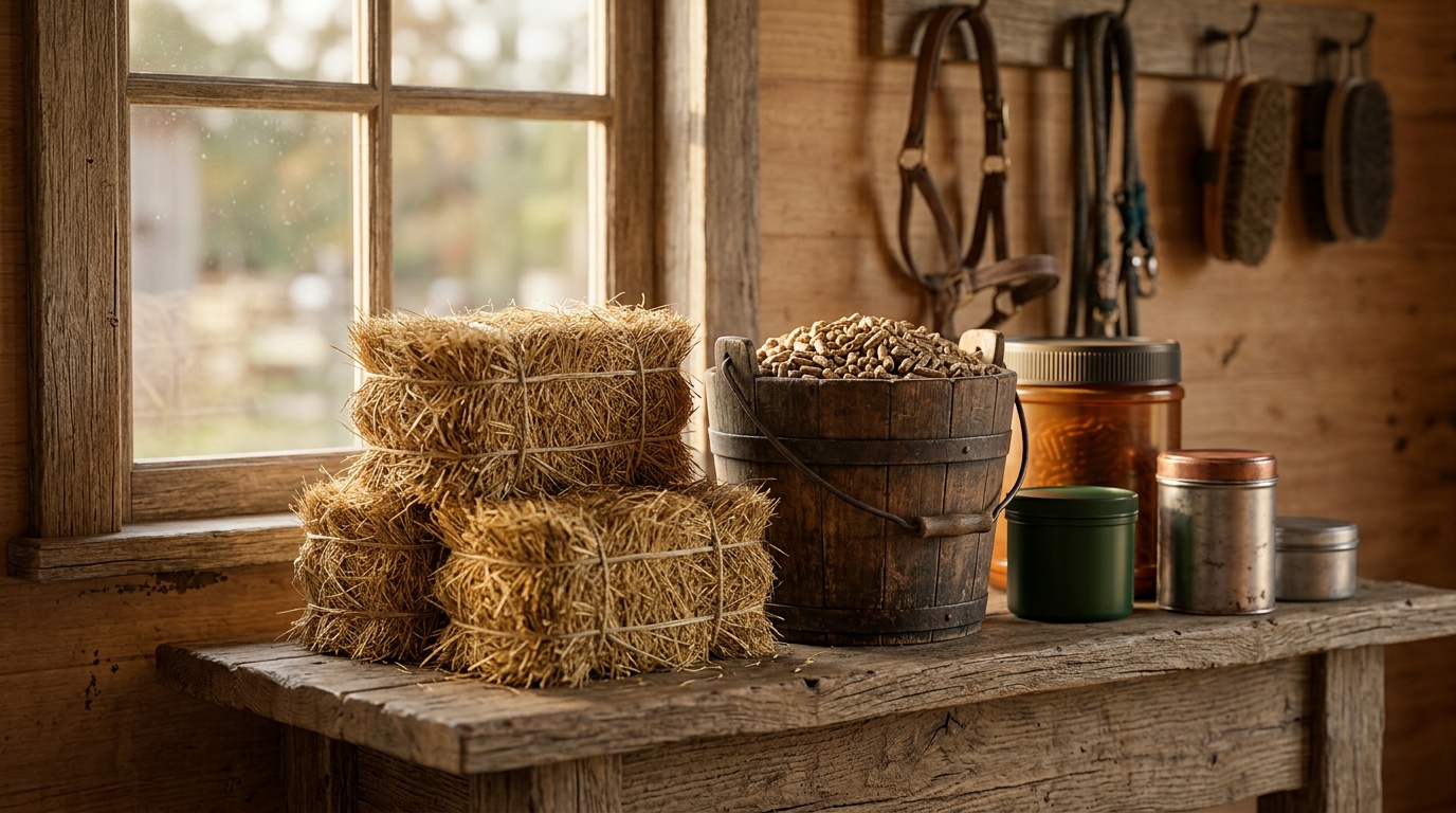 Foin de qualite et complements alimentaires dans une ecurie