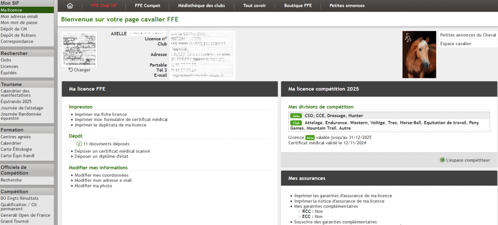 Tableau de bord du compte SIF FFE après connexion