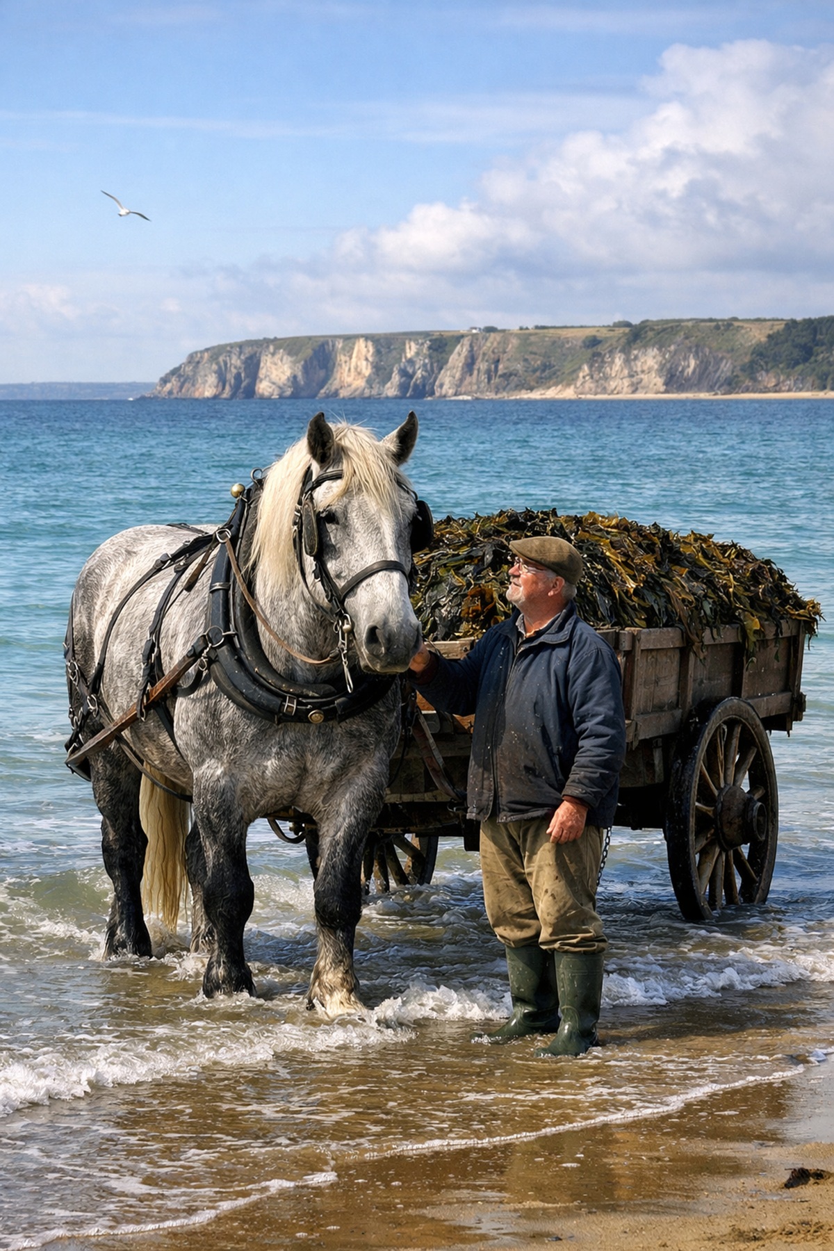 Percheron de trait au bord de mer en Bretagne