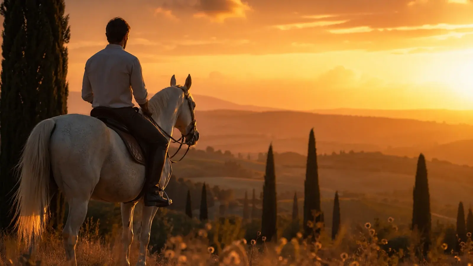 Cavalier au coucher du soleil sur un cheval gris pommele dans la campagne provencale, ambiance equestre similaire au domaine de Brad Pitt