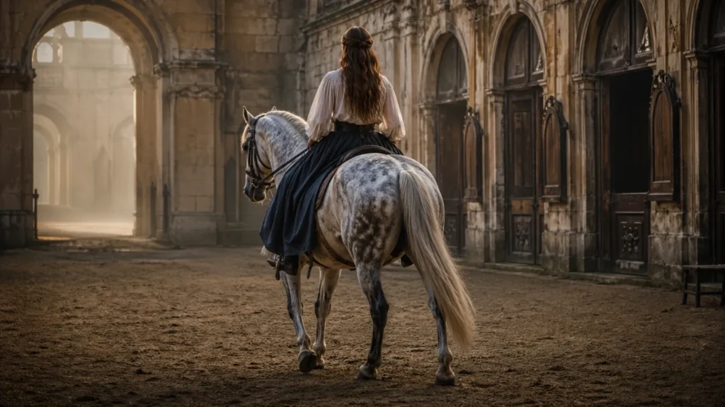 Cavaliere en costume 18e siecle sur cheval gris pommele dans les ecuries royales de Versailles, ambiance similaire au manege secret de Marie-Antoinette