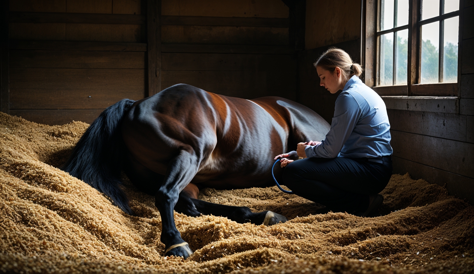 Colique d'impaction cheval : cheval couche et examen veterinaire