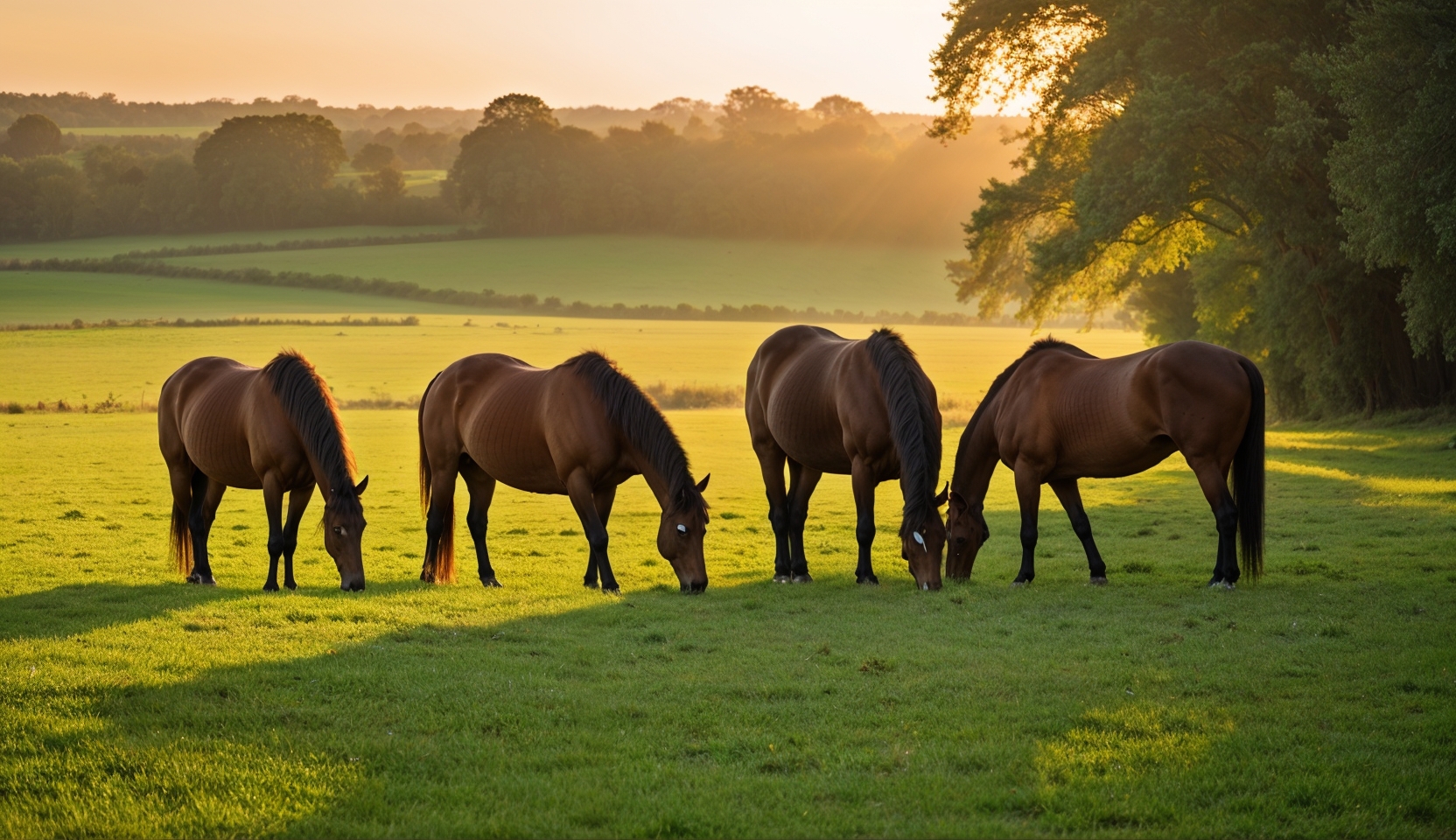 Prevention coliques cheval : chevaux au paturage en lever de soleil