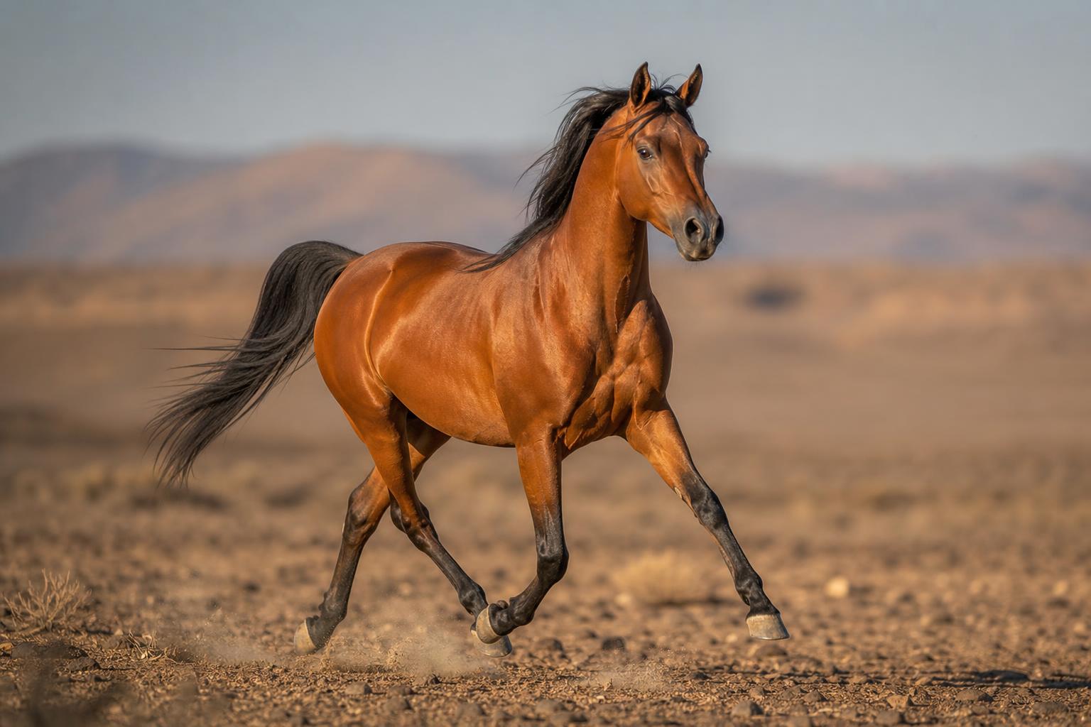 Cheval Arabe bai trottant sur un terrain aride, illustrant son endurance
