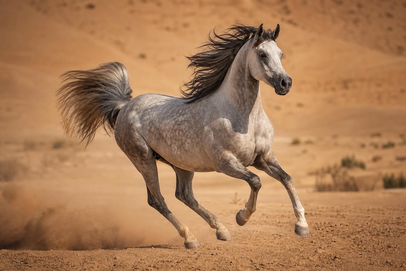 Cheval Arabe gris au galop dans le désert, crinière au vent