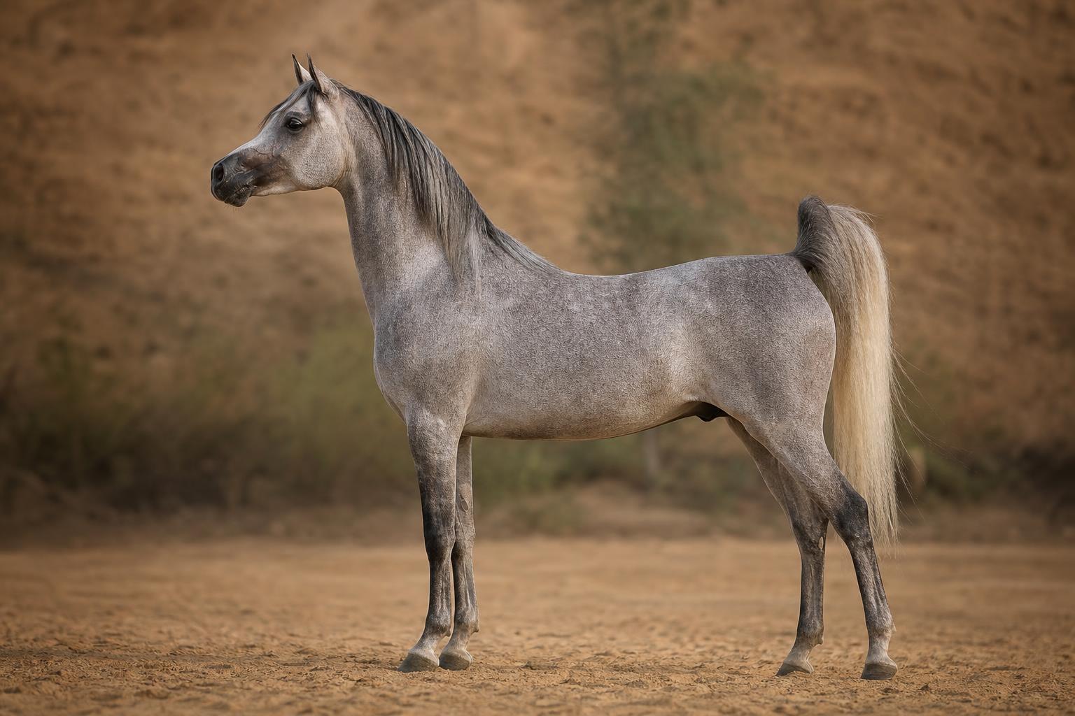 Profil complet d'un cheval Arabe gris compact à la queue portée haute