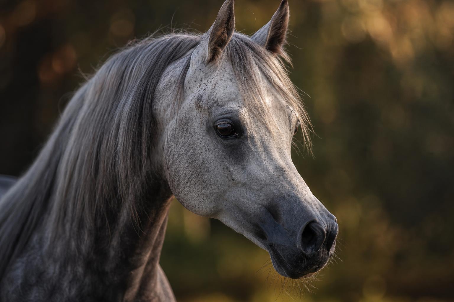 Portrait d'un cheval Arabe montrant son profil concave et ses grands yeux