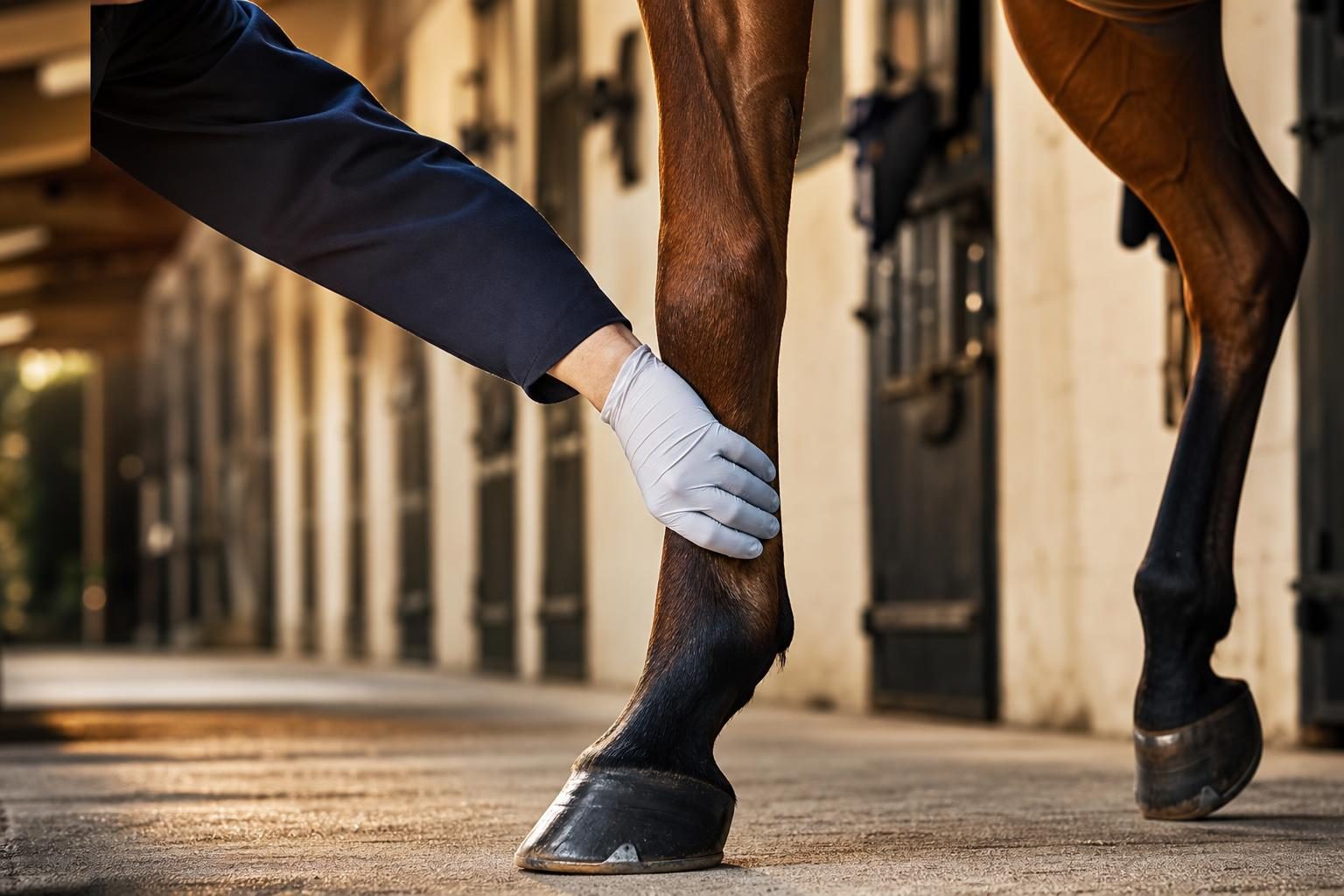 Vétérinaire palpant le tendon d'un cheval bai lors d'un examen de boiterie