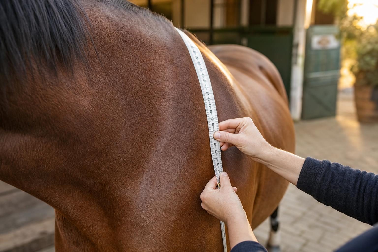 Mesure du périmètre thoracique d'un cheval bai avec un ruban barymétrique