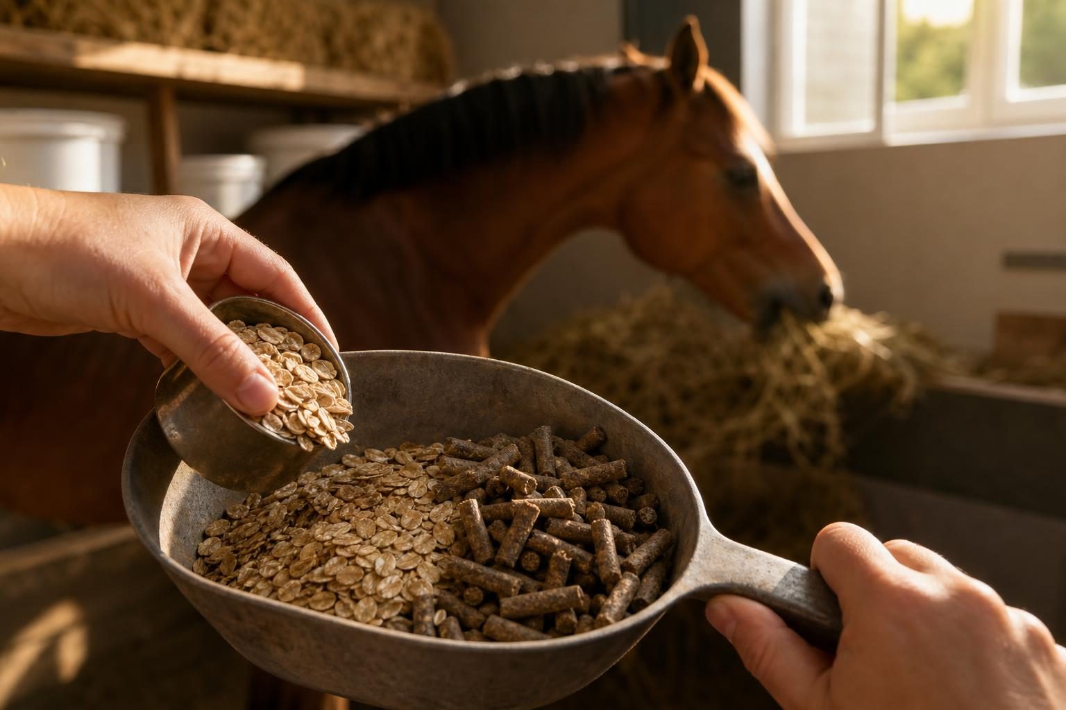 Mains mesurant granulés et avoine pour la ration d'un cheval
