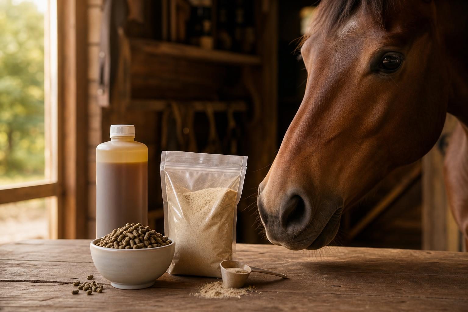 Compléments alimentaires équins : granulés, liquide et poudre minérale en sellerie