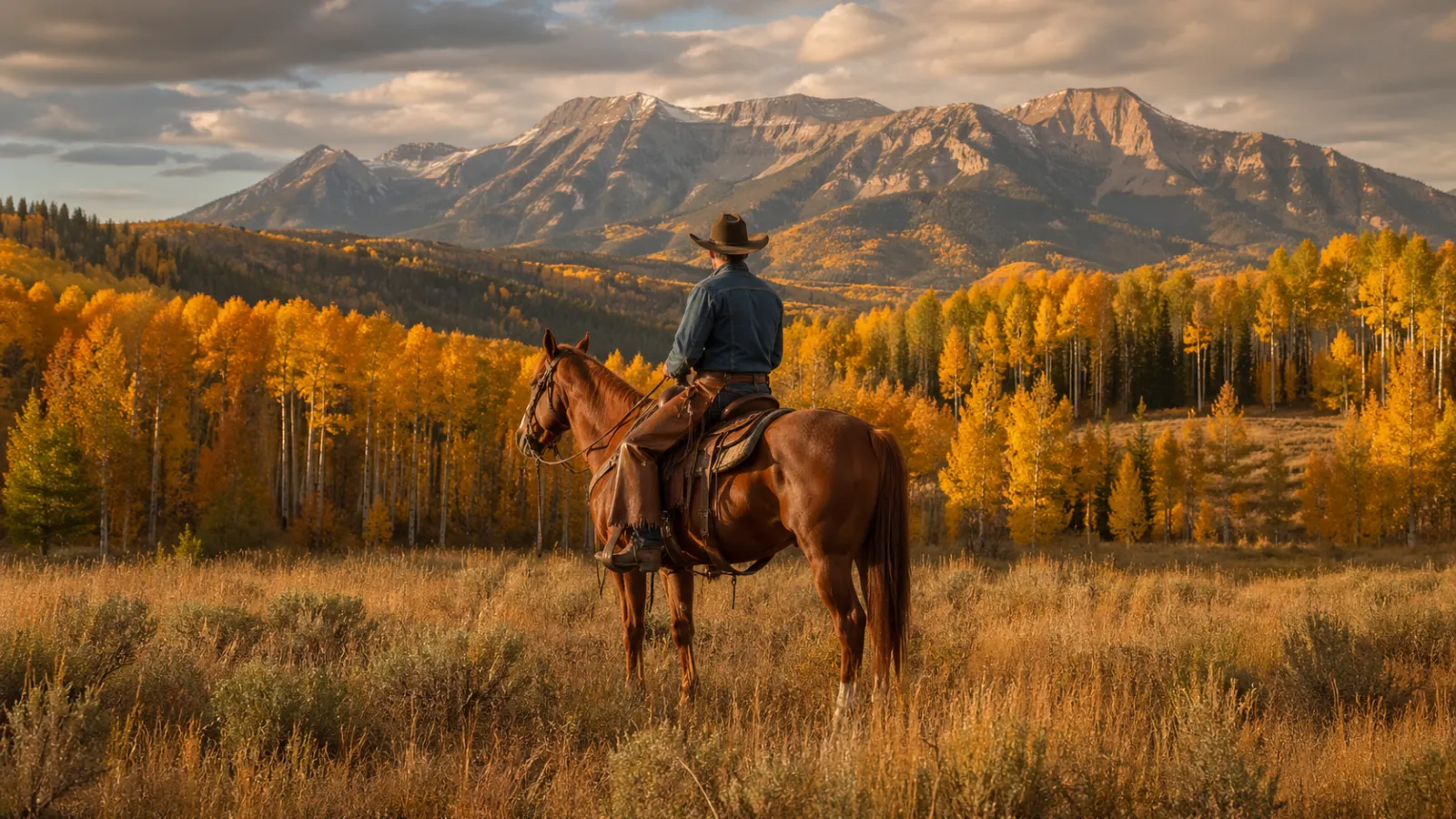 Cavalier western de dos sur Quarter Horse alezan dans la foret de trembles dores au pied du mont Timpanogos en Utah, ambiance Sundance Resort de Robert Redford