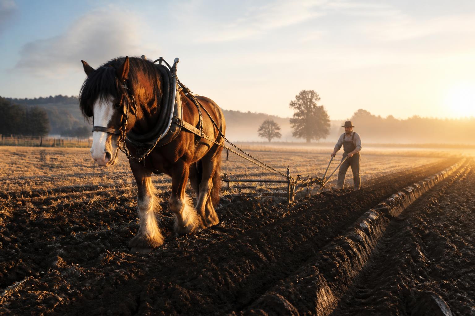 Draft horse ploughing a field on an organic farm