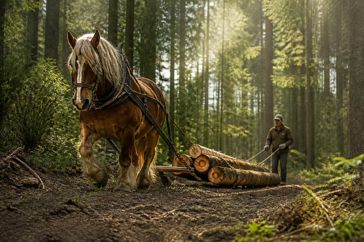 Draft horse logging, hauling timber out of a forest