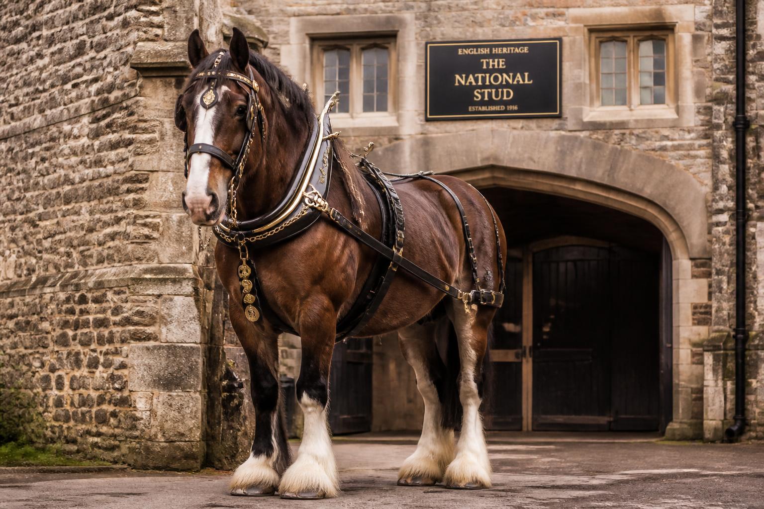 Draft horse in traditional harness in front of a stud farm
