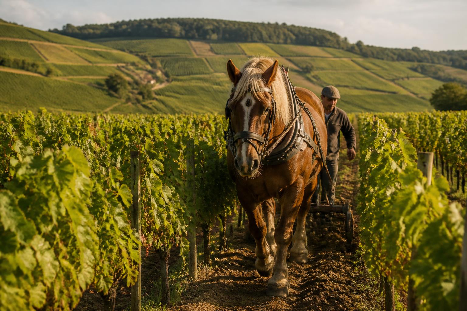 Draft horse working between rows of vines