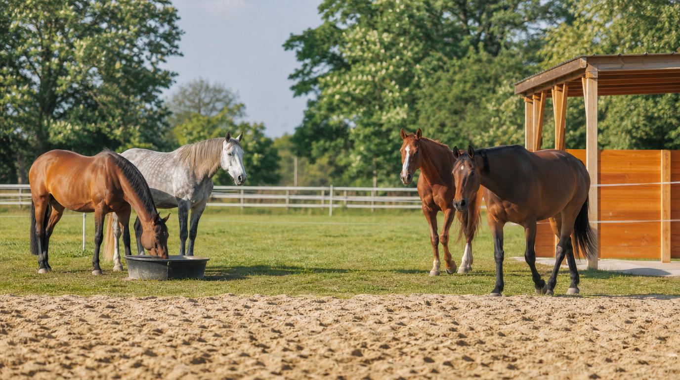 Quatre chevaux vivant en troupeau dans un paddock collectif d'écurie active avec abri commun