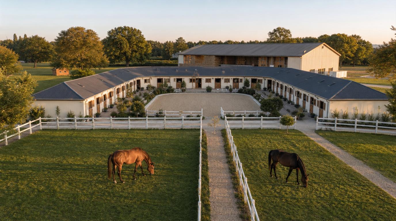 Vue aérienne d'une écurie de propriétaire en France, paddocks et boxes en U autour d'une carrière