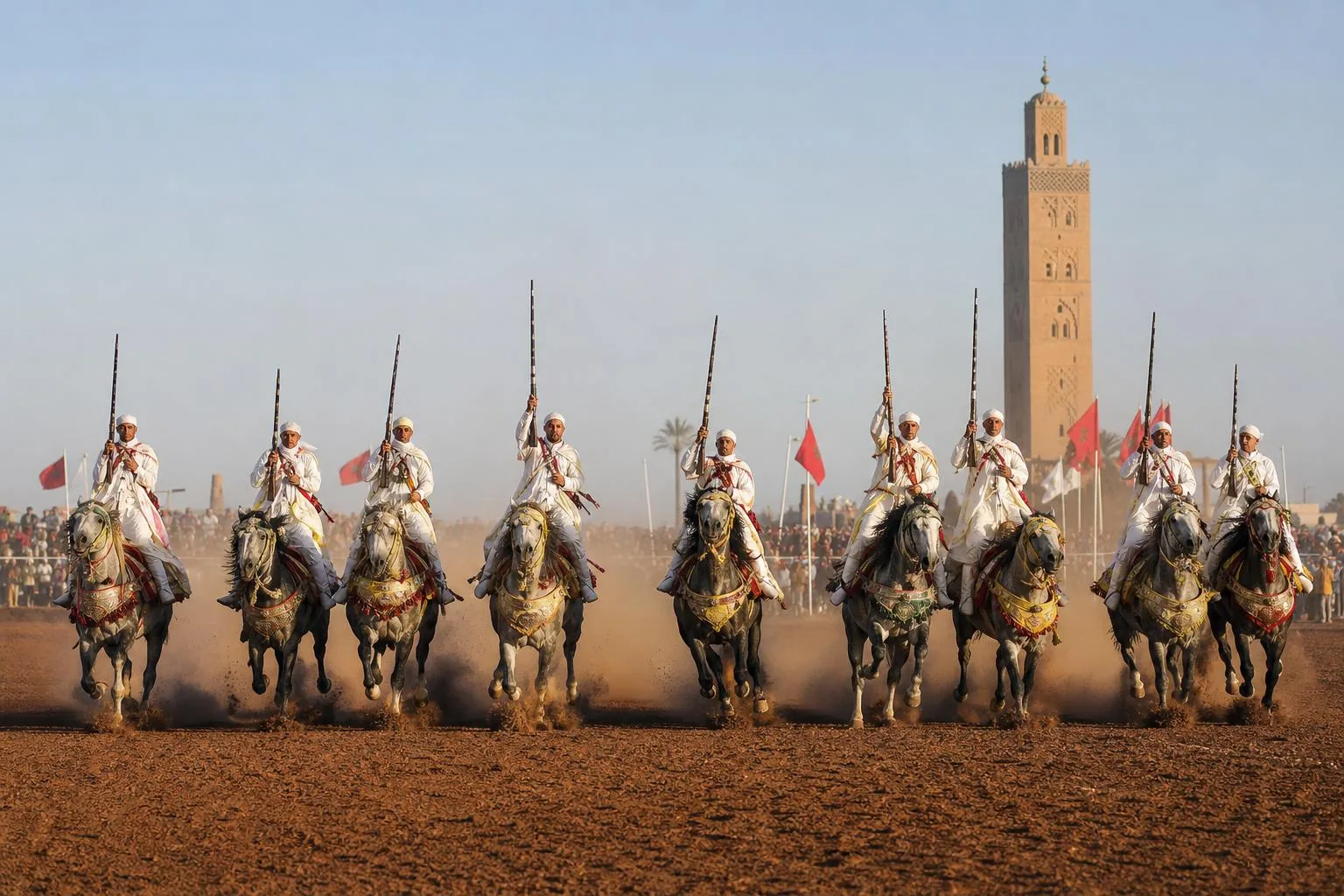Fantasia marocaine, cavaliers au galop sur chevaux Barbe