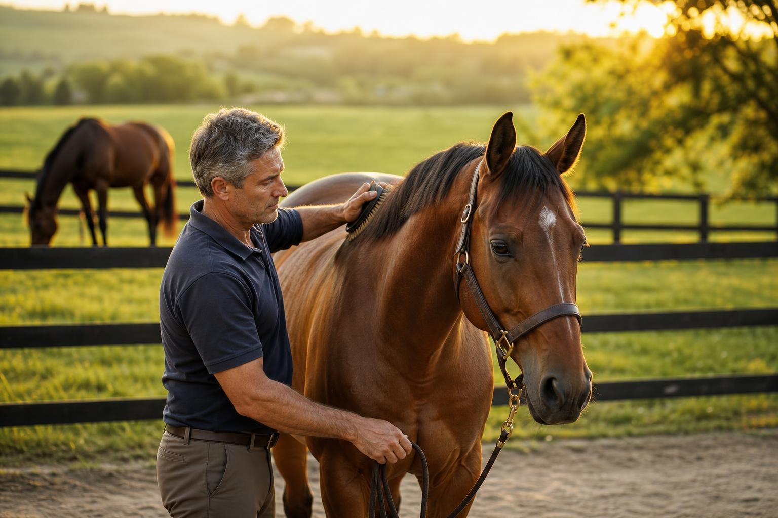 Soins quotidiens à un cheval en pension au pré, un second cheval au pâturage en arrière-plan
