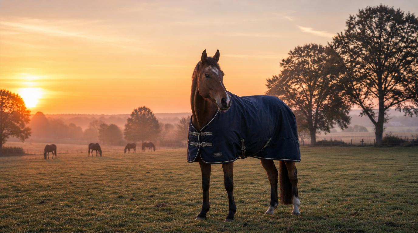 Cheval bai portant une couverture d'hiver bleu marine bien ajustée, photographie au coucher de soleil en pâture