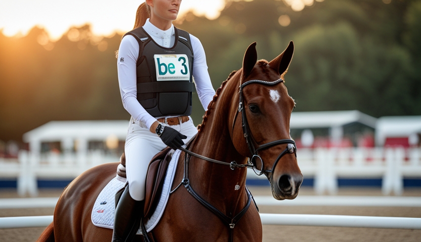 Cavalière CSO portant un gilet protection BETA-3 sur cheval bai