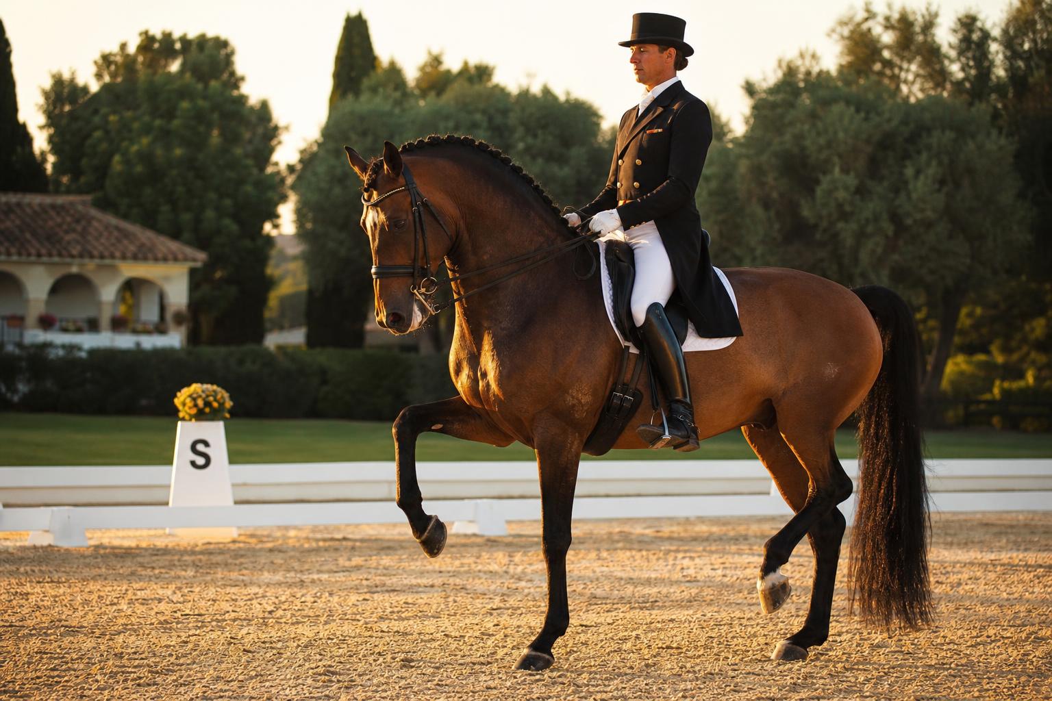 Cavalier de dressage en habit sur cheval bai en piaffer dans une carrière SHF