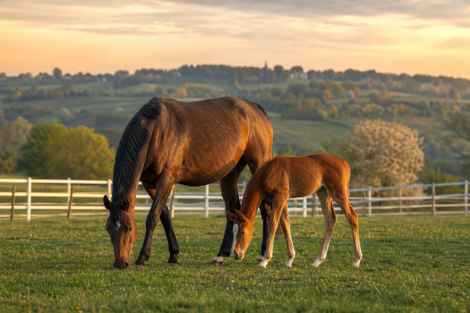 Poulinière Selle Français et son poulain dans une prairie normande au coucher du soleil