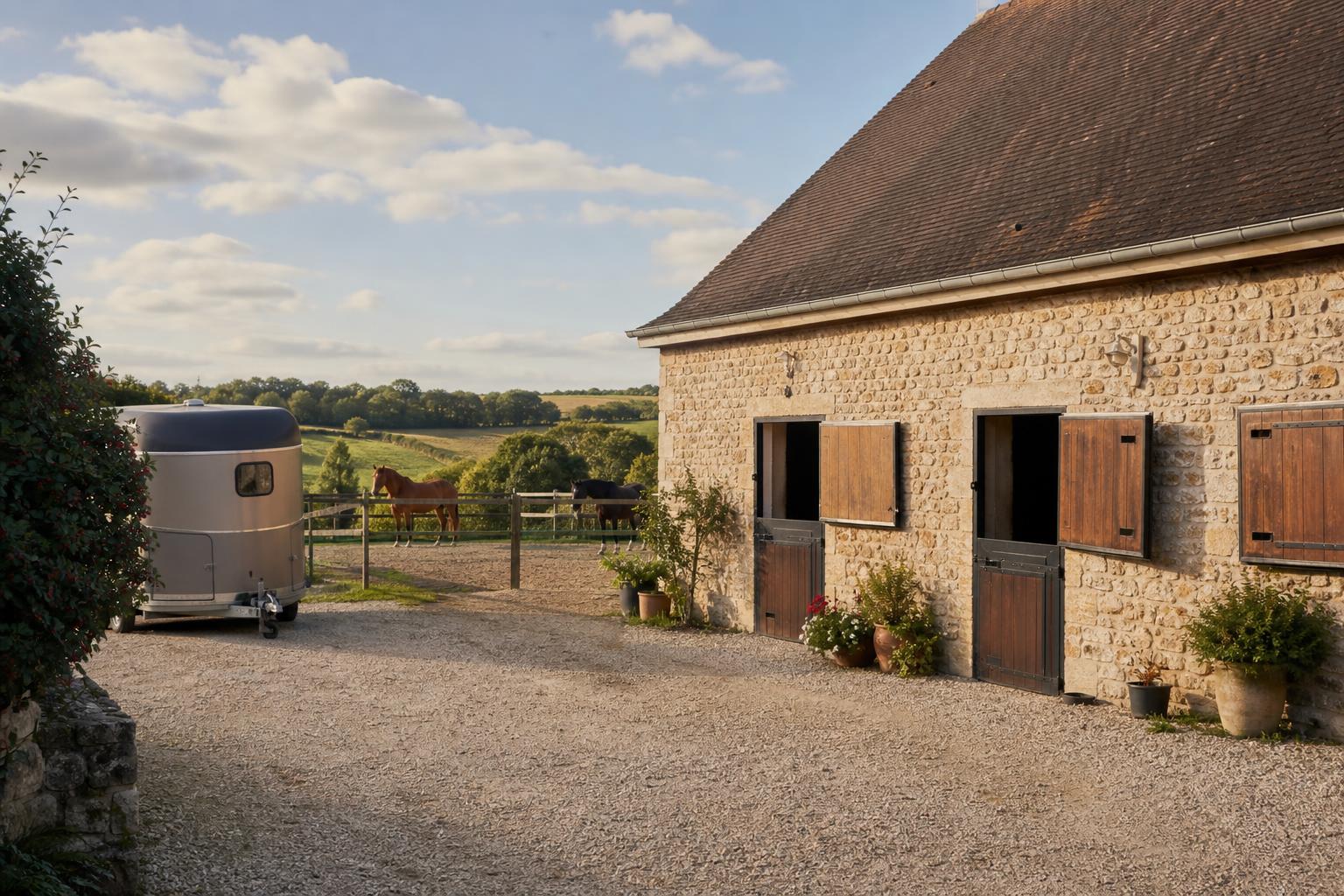 Écurie d'étape rurale française avec van et chevaux dans le pré