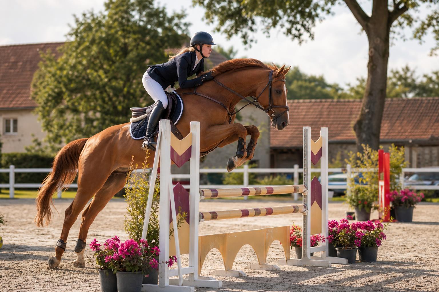 Cavalier en concours de saut d'obstacles dans une carrière de club français
