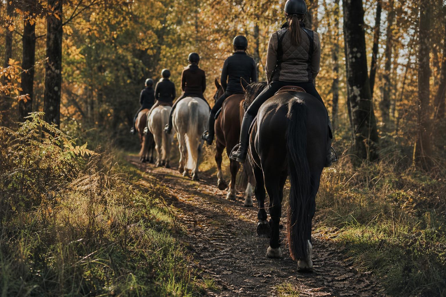 Groupe de cavaliers en randonnée équestre dans une forêt française au coucher de soleil