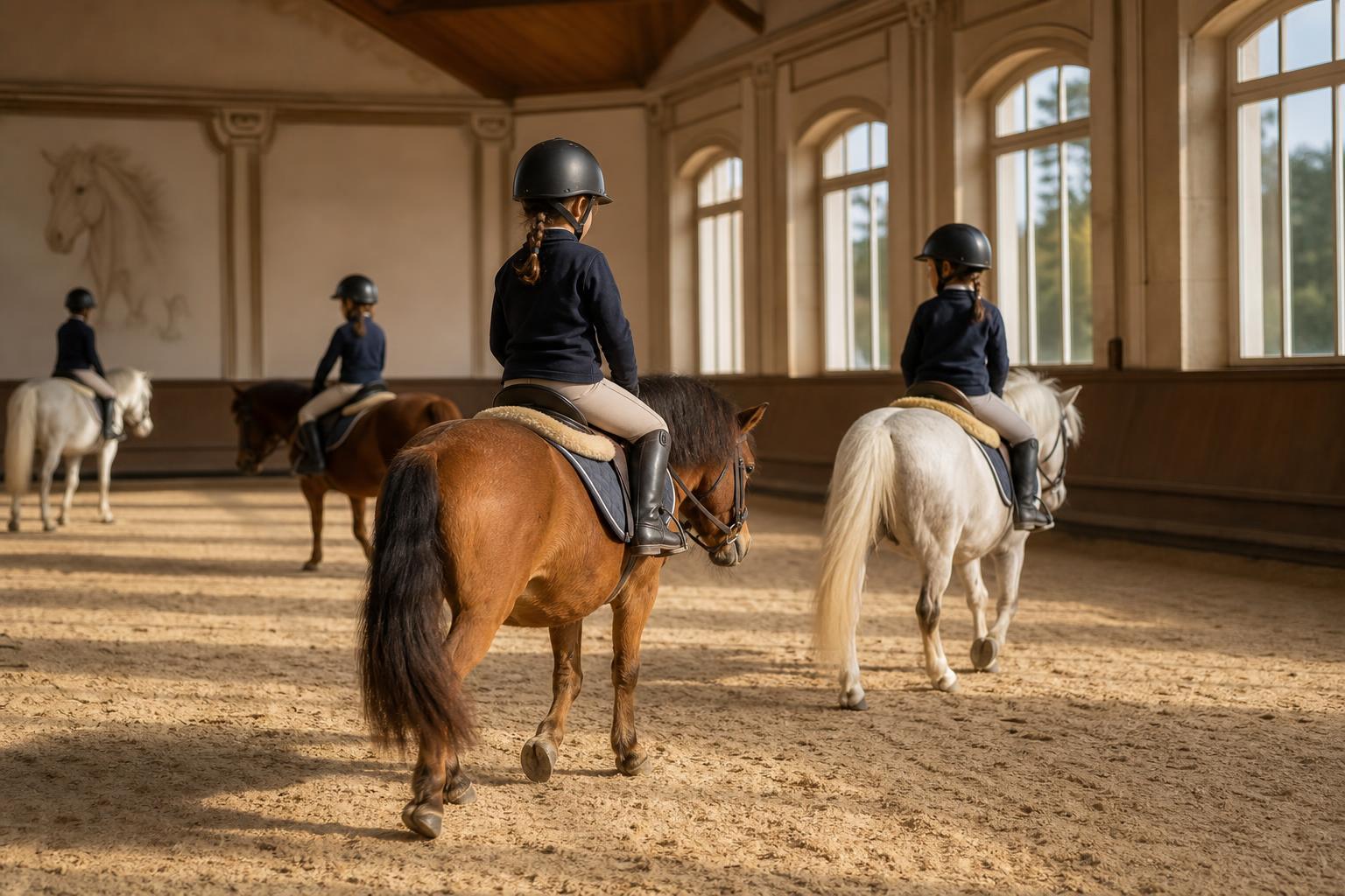 Jeunes cavaliers à poney en manège, programme Sport Études FFE