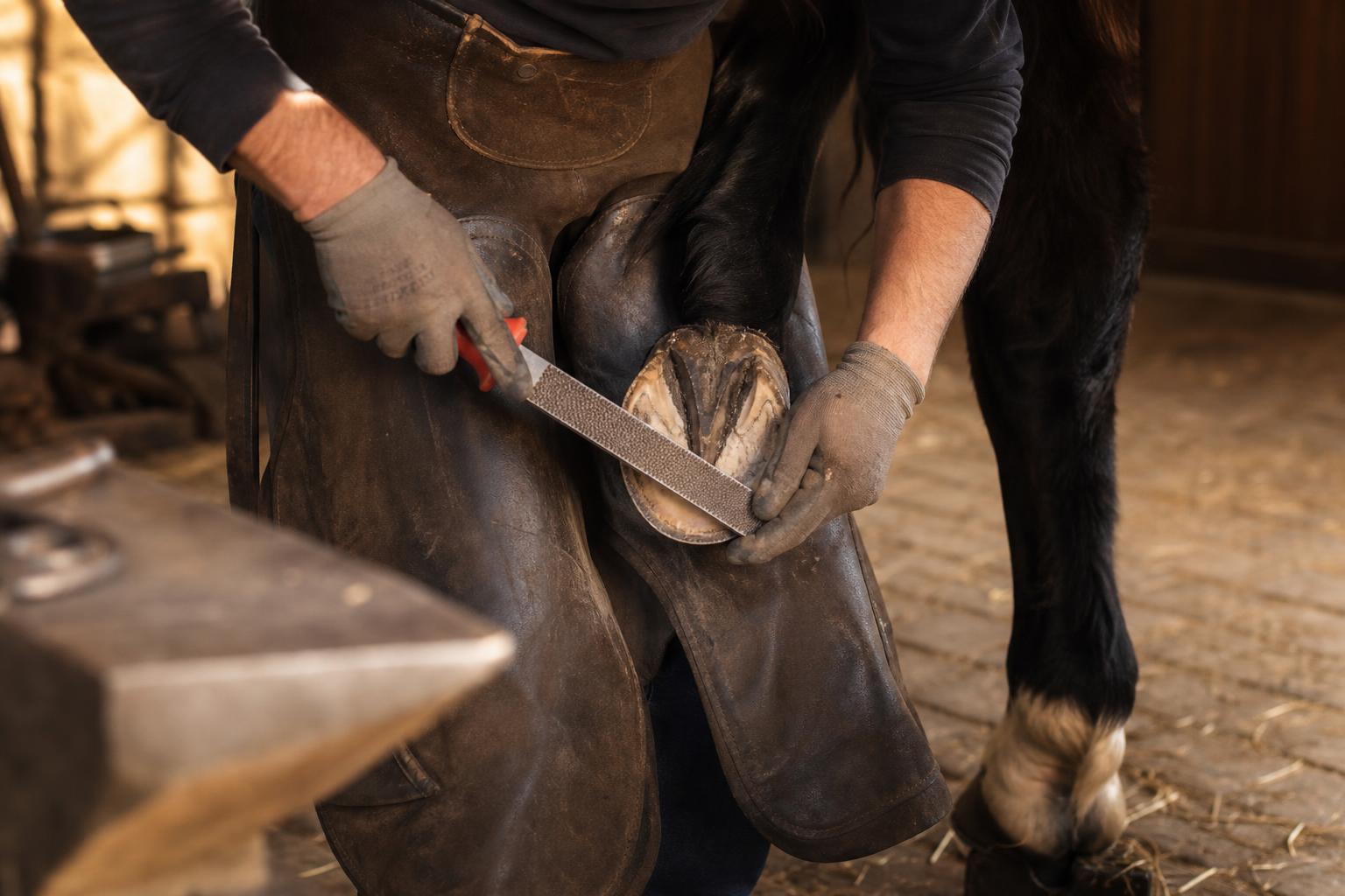 Maréchal ferrant au travail sur un sabot de cheval dans une écurie, tablier en cuir et lime à rape