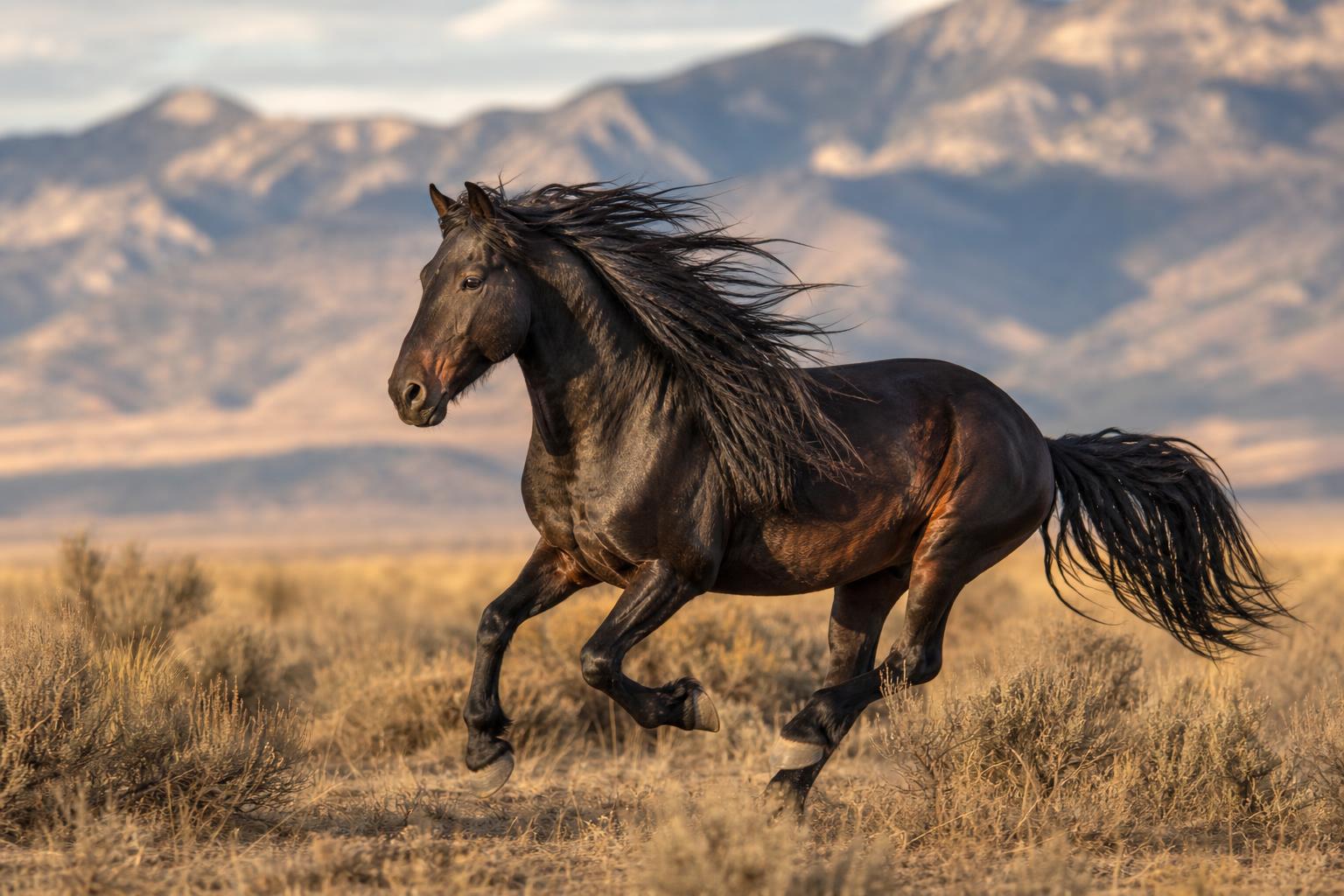 Mustang au galop dans les plaines