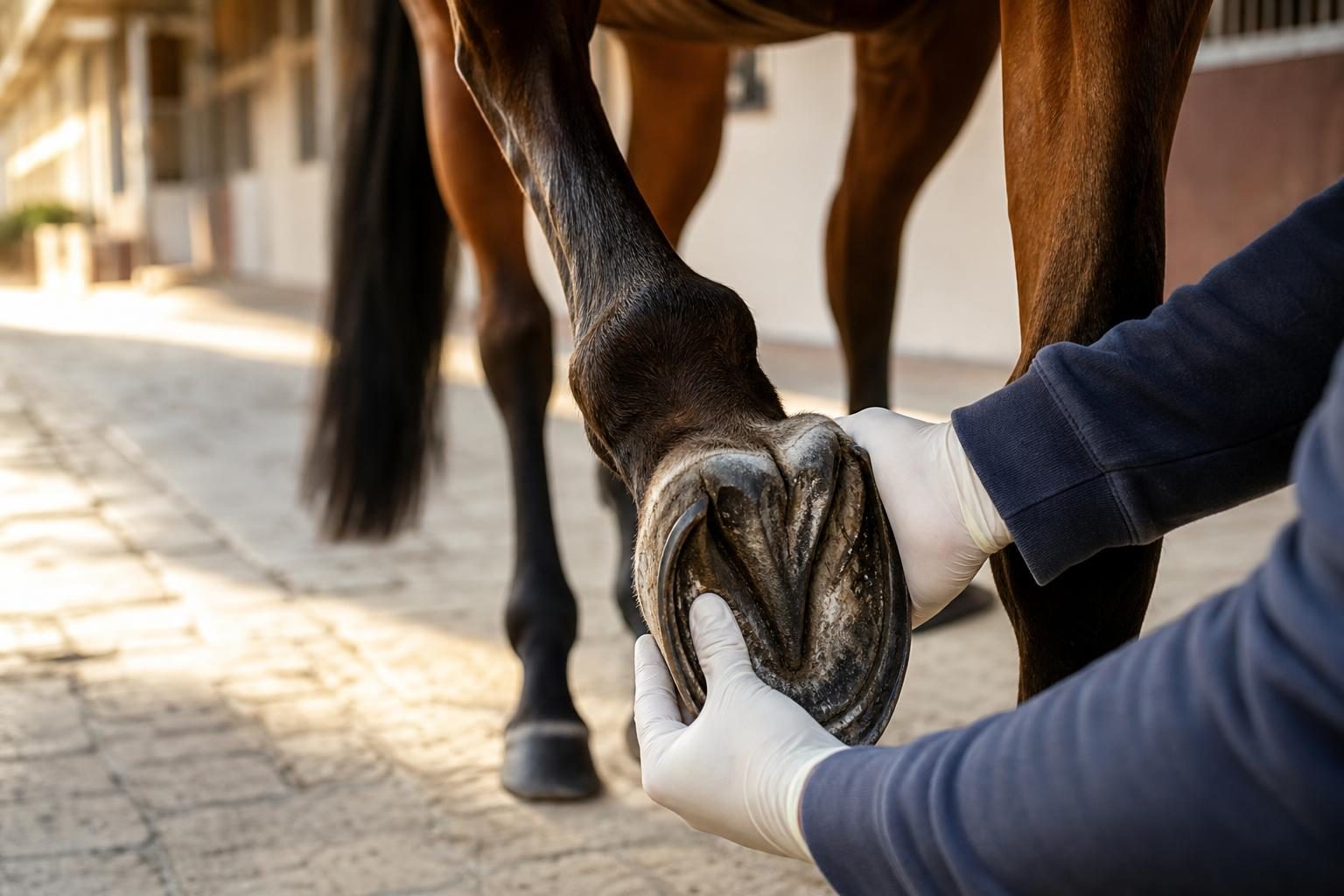 Vétérinaire palpant le talon d'un cheval bai pour diagnostiquer un syndrome naviculaire