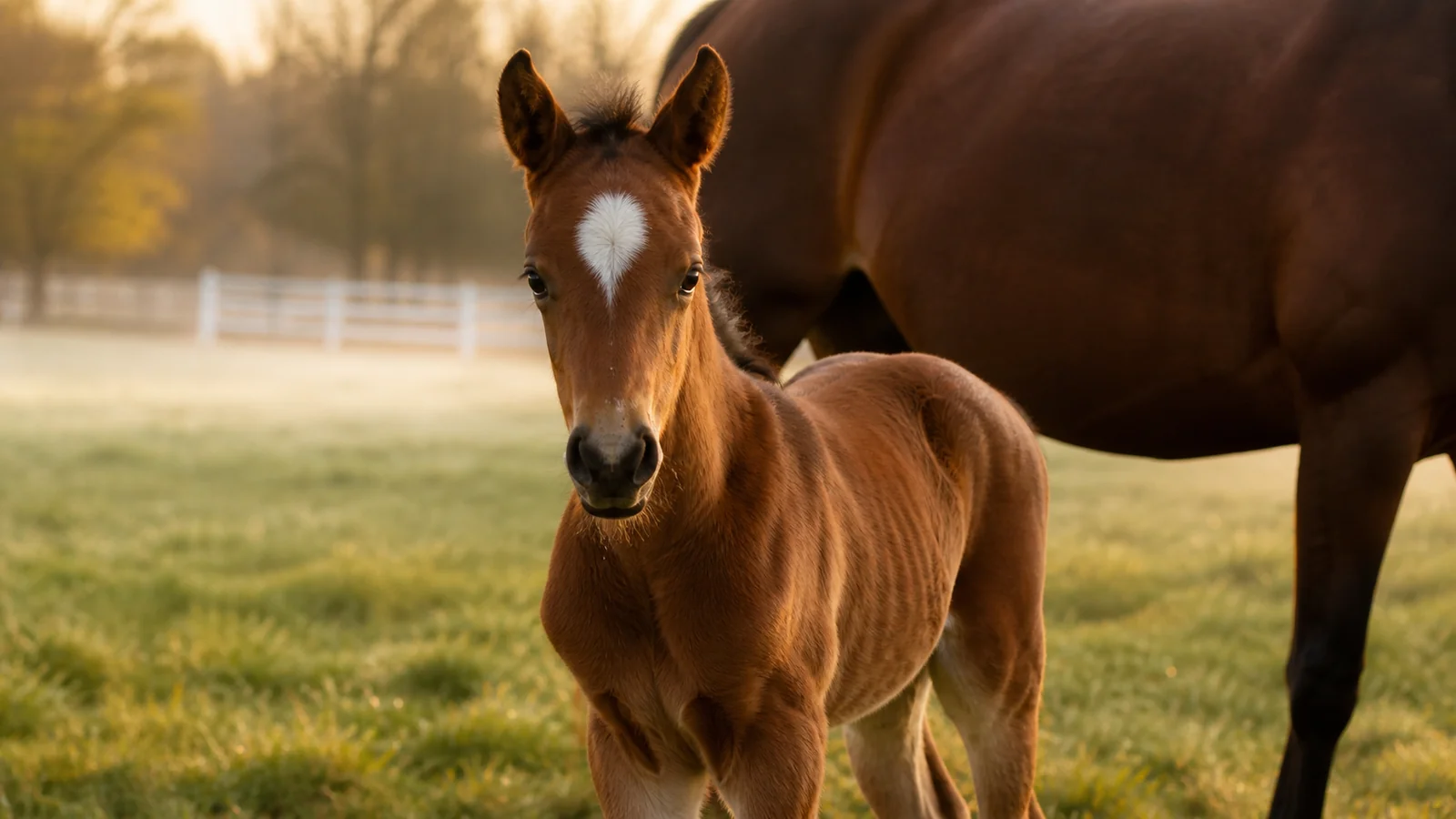 Poulain millésime Q 2026 dans un haras français au lever du soleil
