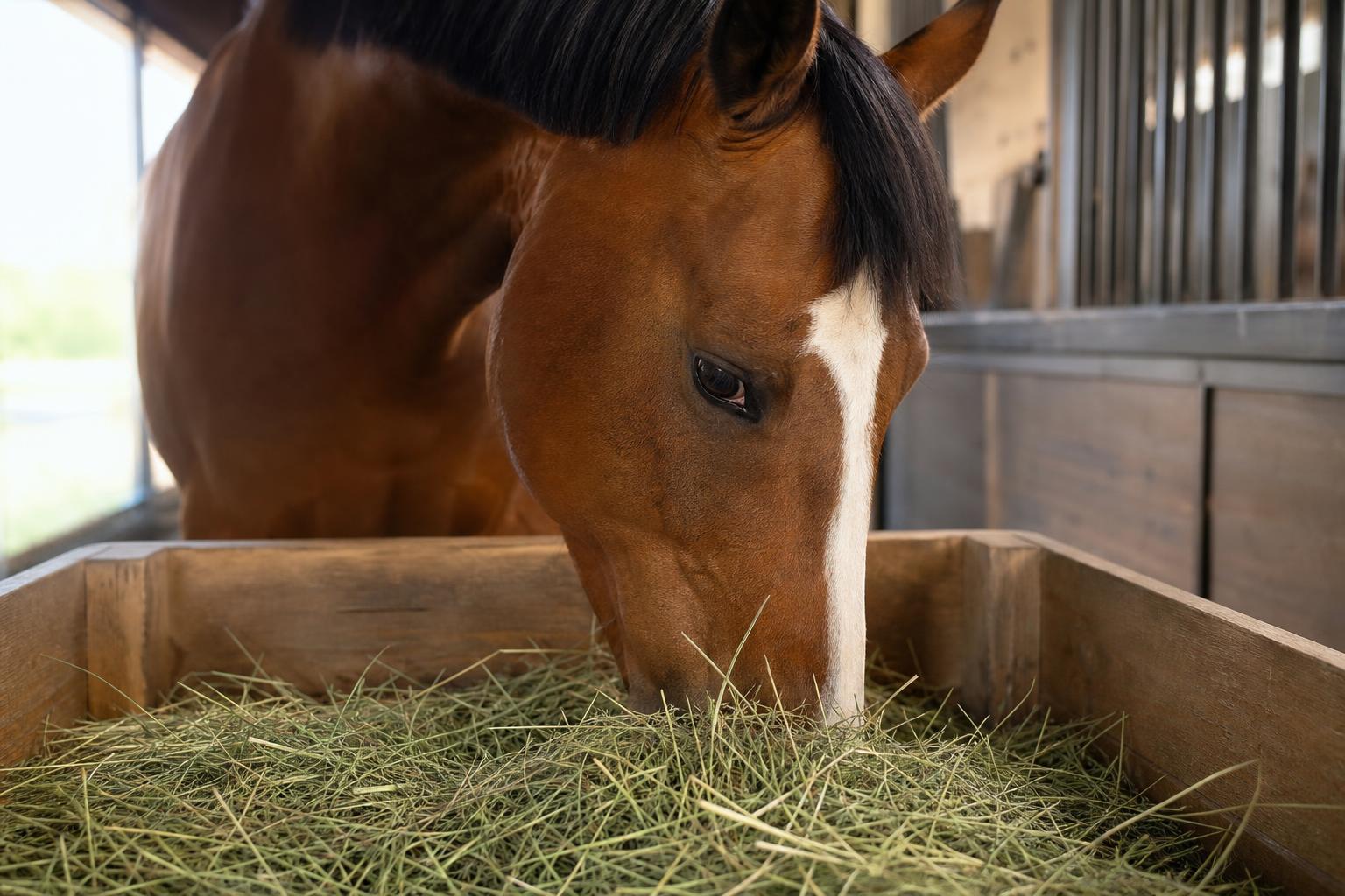 Cheval mangeant du foin de qualite en mangeoire