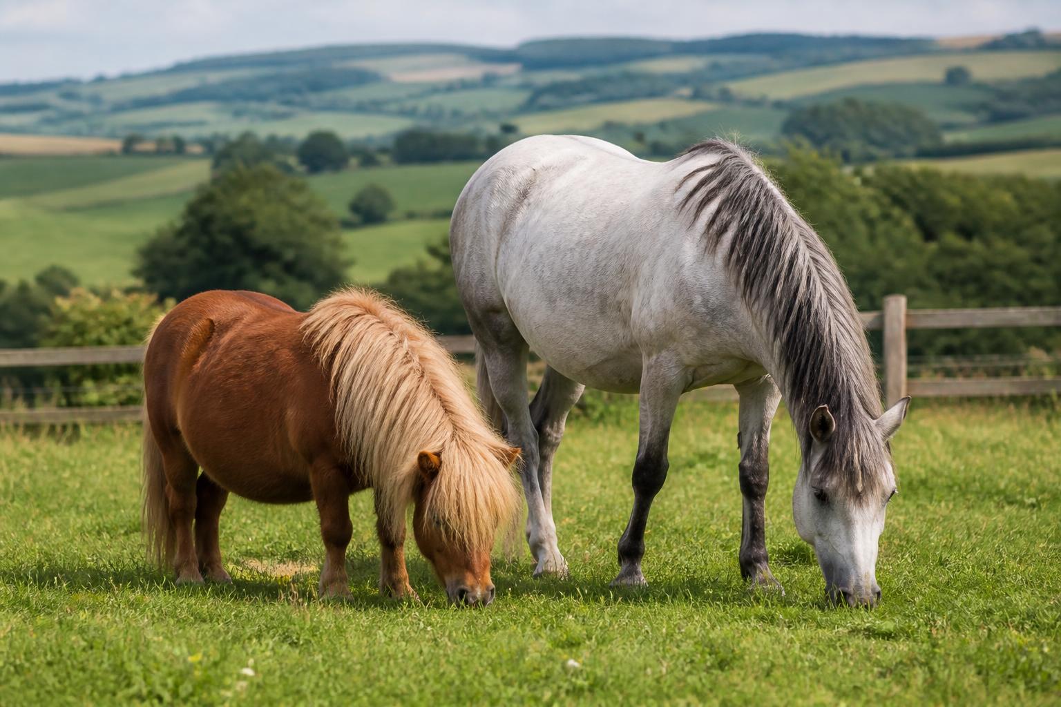 Poney Shetland et poney Connemara dans un pré, définition et races de poneys