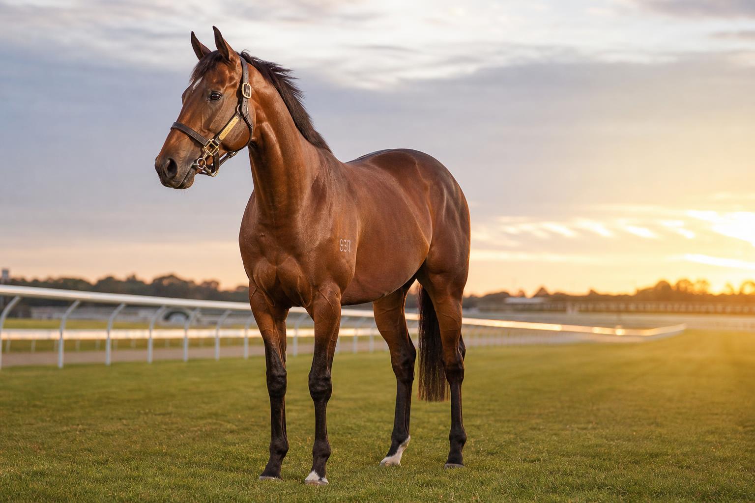 Pur-sang anglais bai élégant sur un hippodrome à l'aube